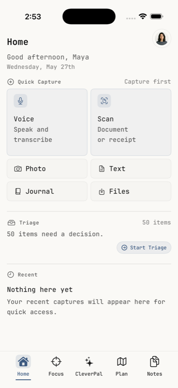 iPhone home screen with voice, scan, photo, text, journal, and files capture options plus a triage queue