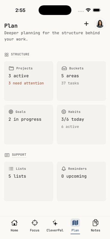 Clevernotes for iPhone — Plan dashboard with projects, buckets, goals, habits, lists, and reminders