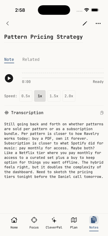 iPhone voice note detail with playback controls, speed adjustment, and full transcription