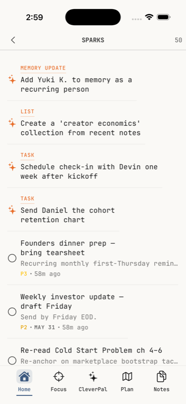iPhone Sparks list with task, memory, and list suggestions surfaced from recent captures