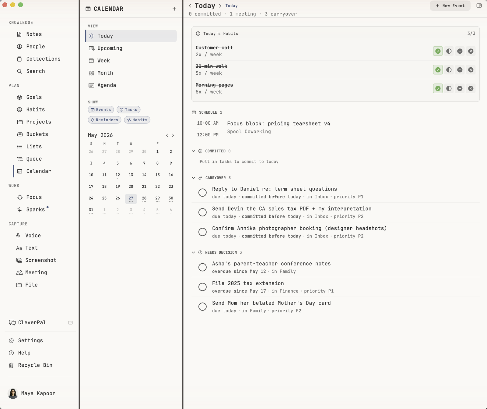 Clevernotes for macOS showing today's habits, schedule, carryover tasks, and items needing a decision
