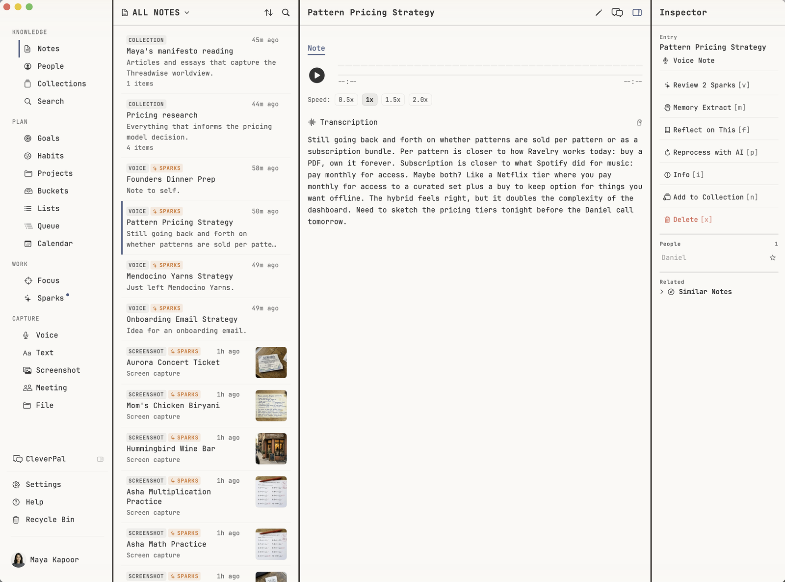 macOS detail view of a voice note titled Pattern Pricing Strategy, with playback controls, full transcription, and an Inspector pane offering Review 2 Sparks, Memory Extract, and Reflect on This actions