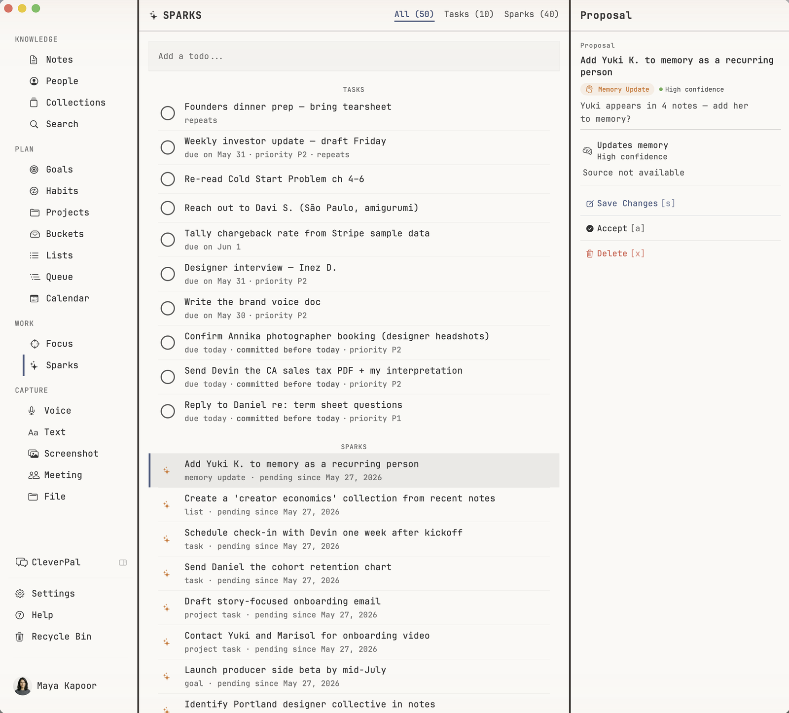 macOS Sparks view with a list of suggested tasks and the right-side Proposal pane showing an AI suggestion to add Yuki K. to memory, with Accept and Delete actions