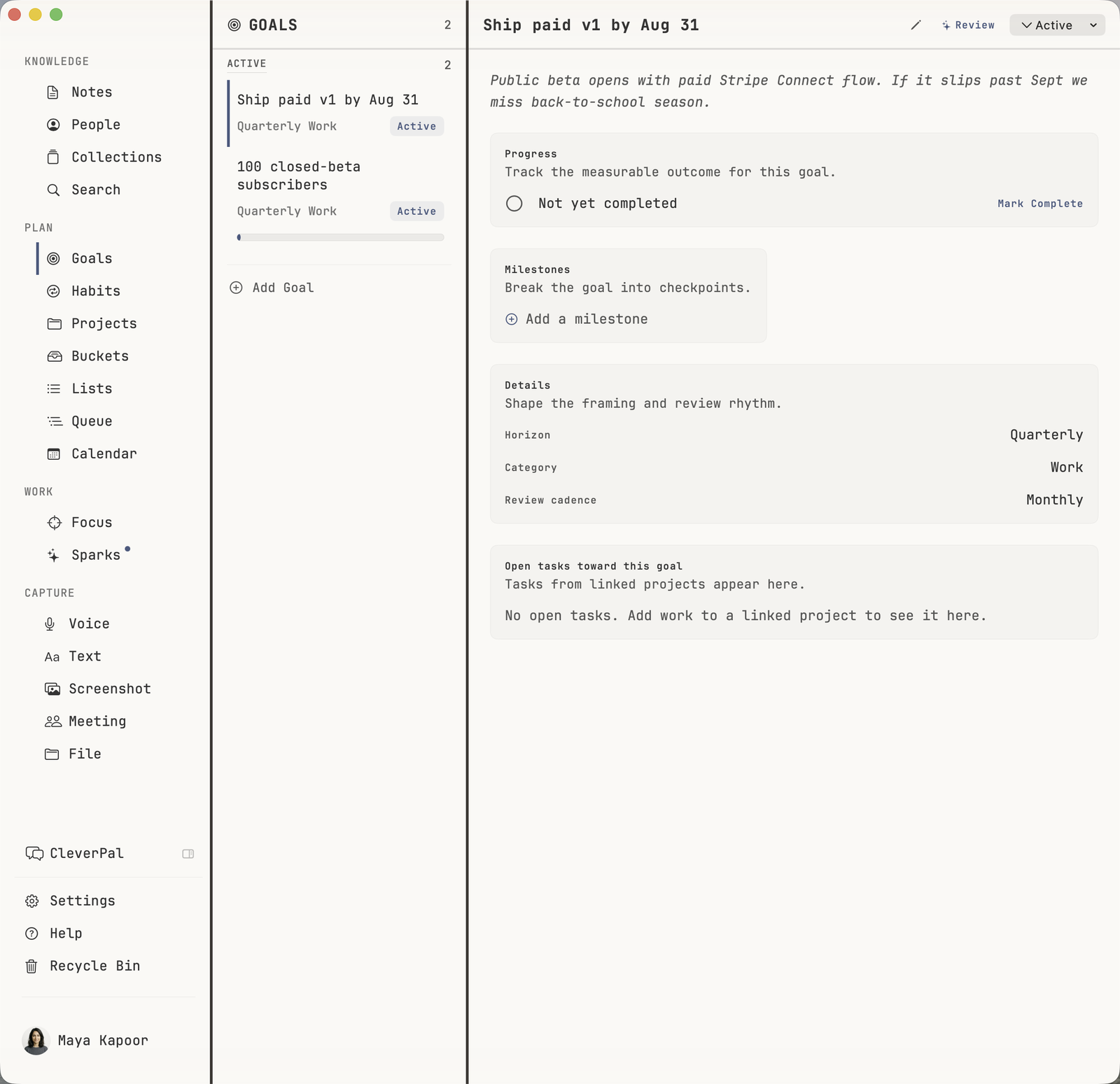 macOS Goals detail view showing the goal 'Ship paid v1 by Aug 31' with progress, milestones, cadence, category, and a section listing open tasks toward the goal