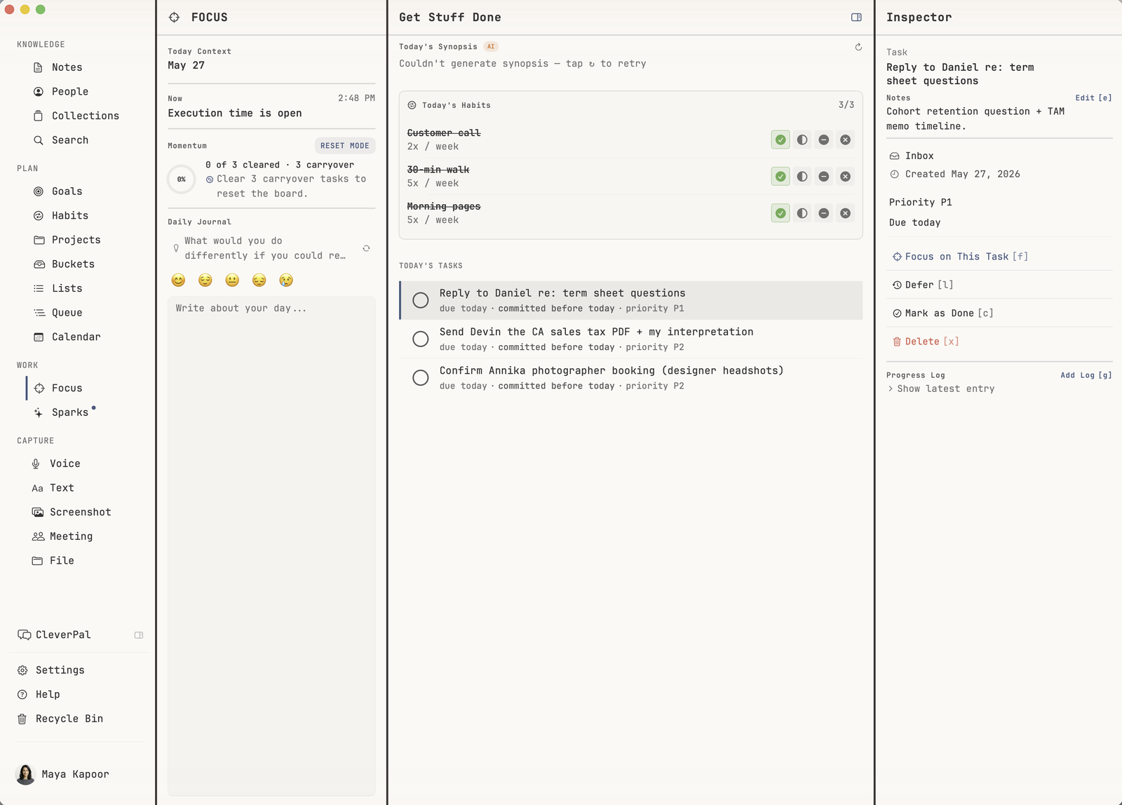 macOS Focus view with today's context, momentum, daily journal prompt, today's habits with check-ins, today's tasks, and a task Inspector showing priority, project, and progress log