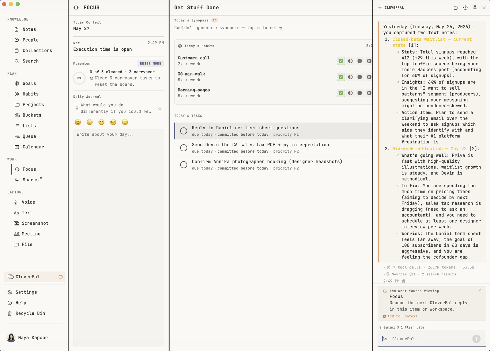 macOS view with Focus on the left, Today's tasks in the middle, and CleverPal on the right answering a question with a structured summary grounded in yesterday's captures