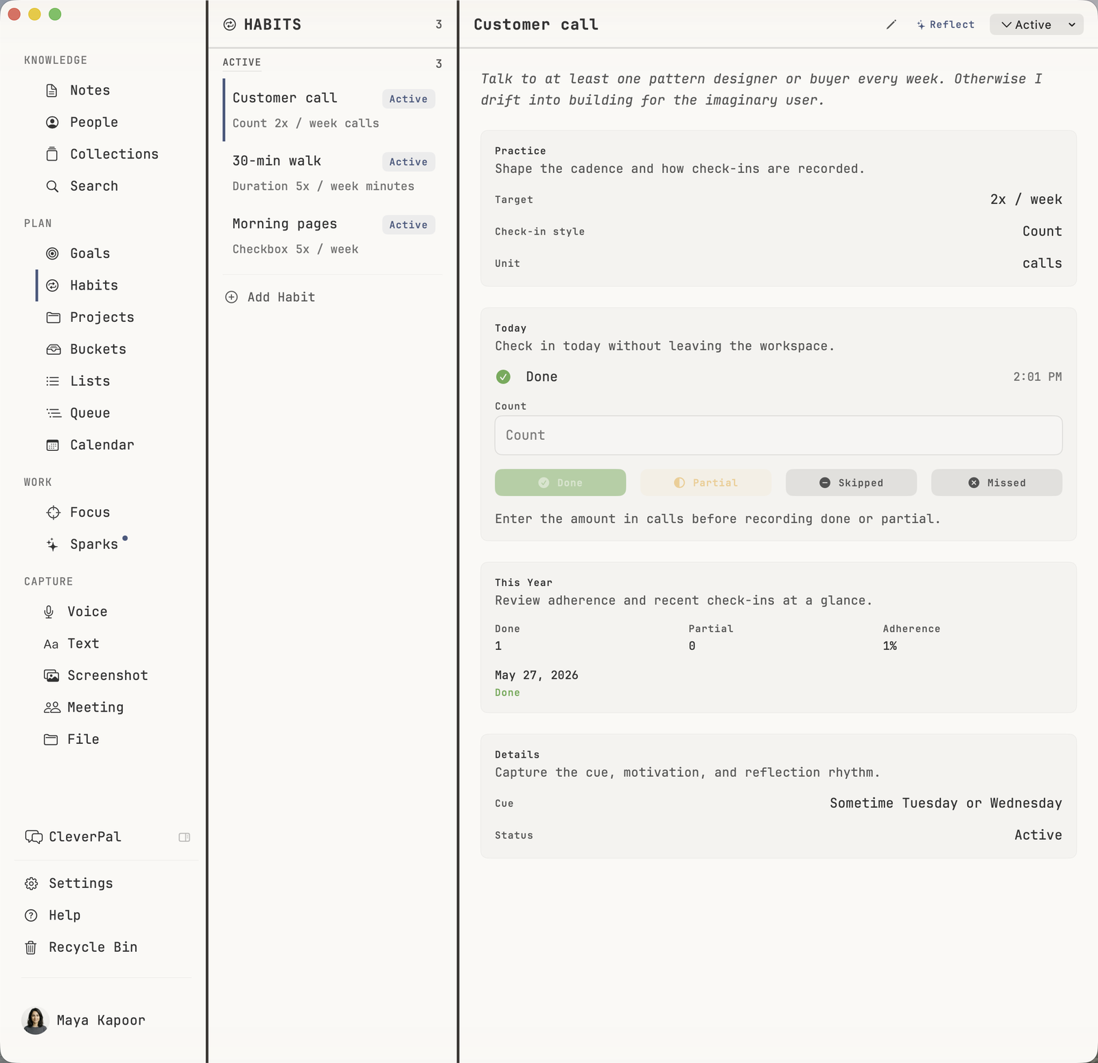 macOS Habits view showing the Customer call habit with practice notes, target cadence, today's check-in state, year-to-date adherence, and reflection details