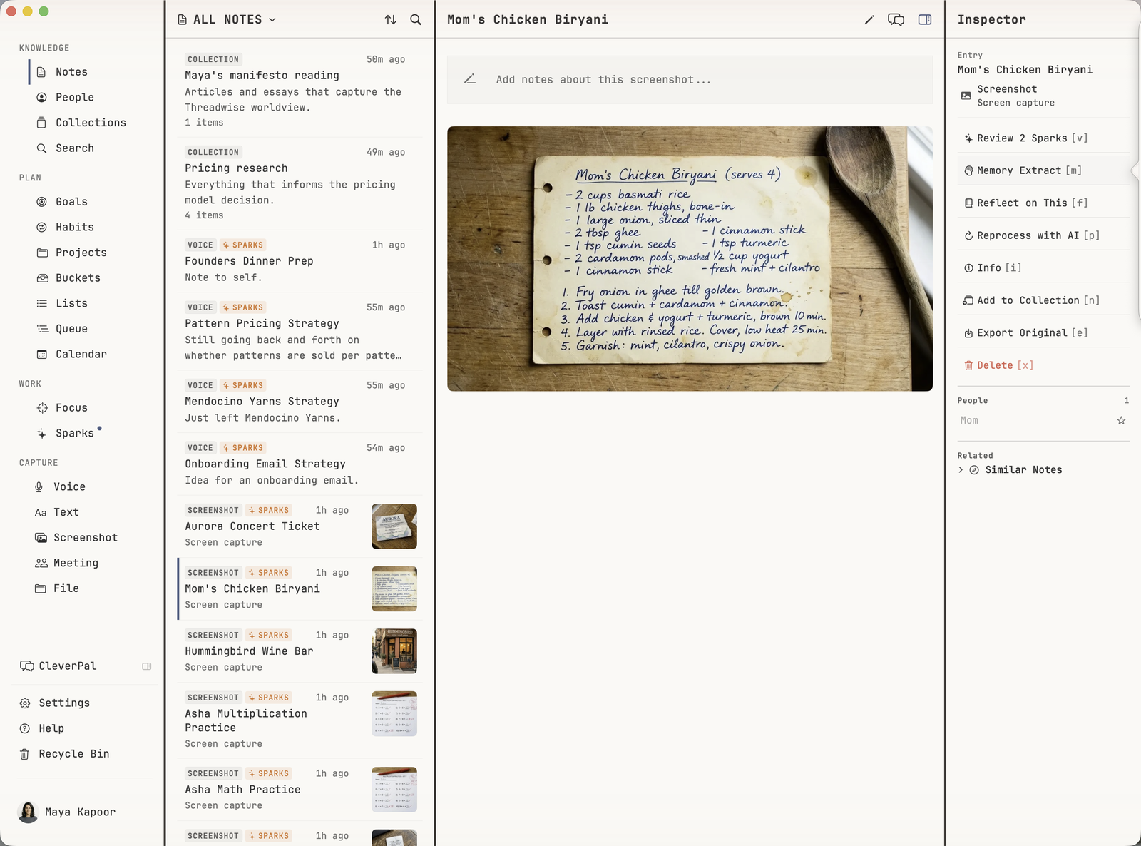 macOS detail view of a handwritten chicken biryani recipe with the Inspector pane open showing Memory Extract, Reflect on This, and Reprocess with AI actions