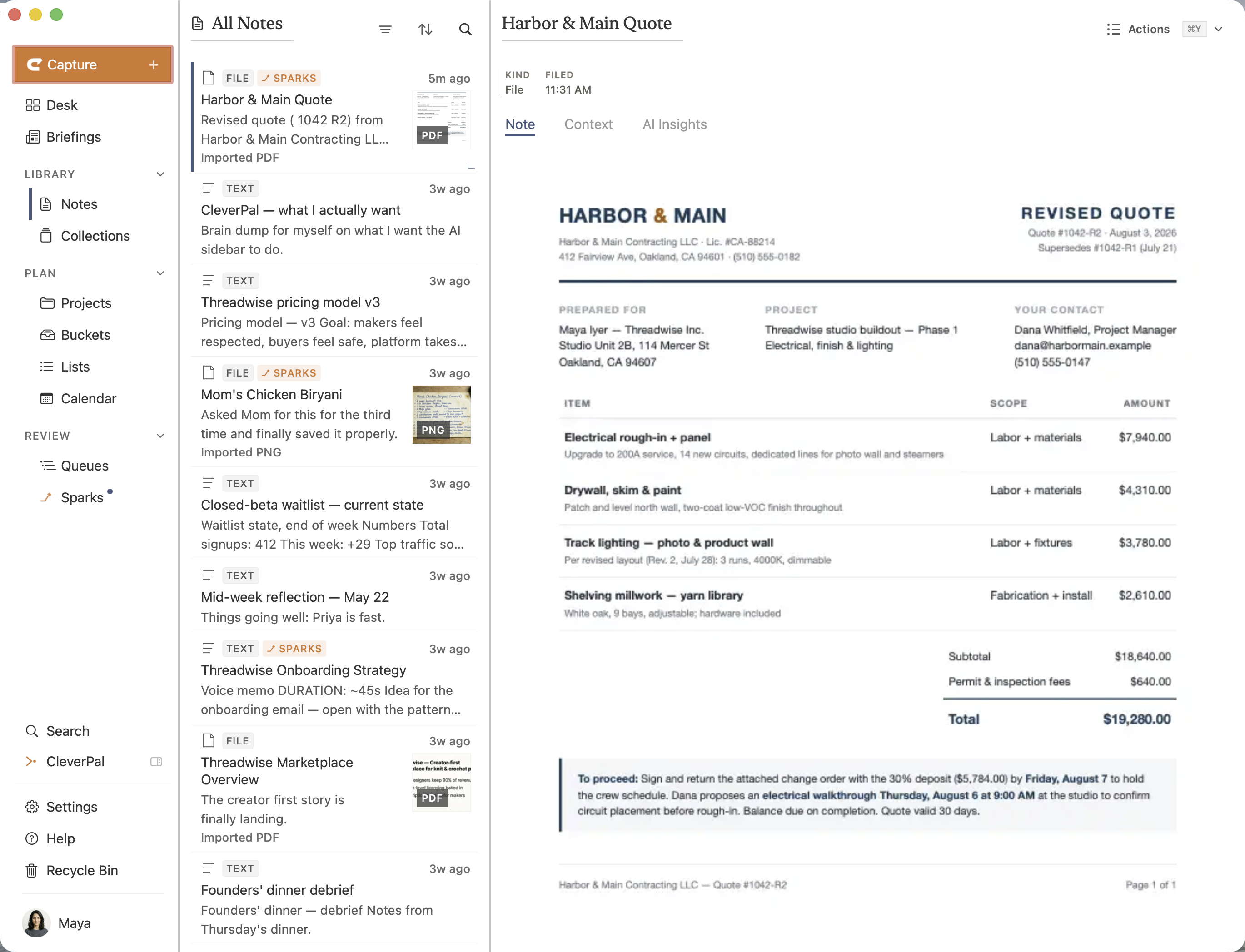 A contractor quote PDF saved as its original capture in Clevernotes, with Sparks detected