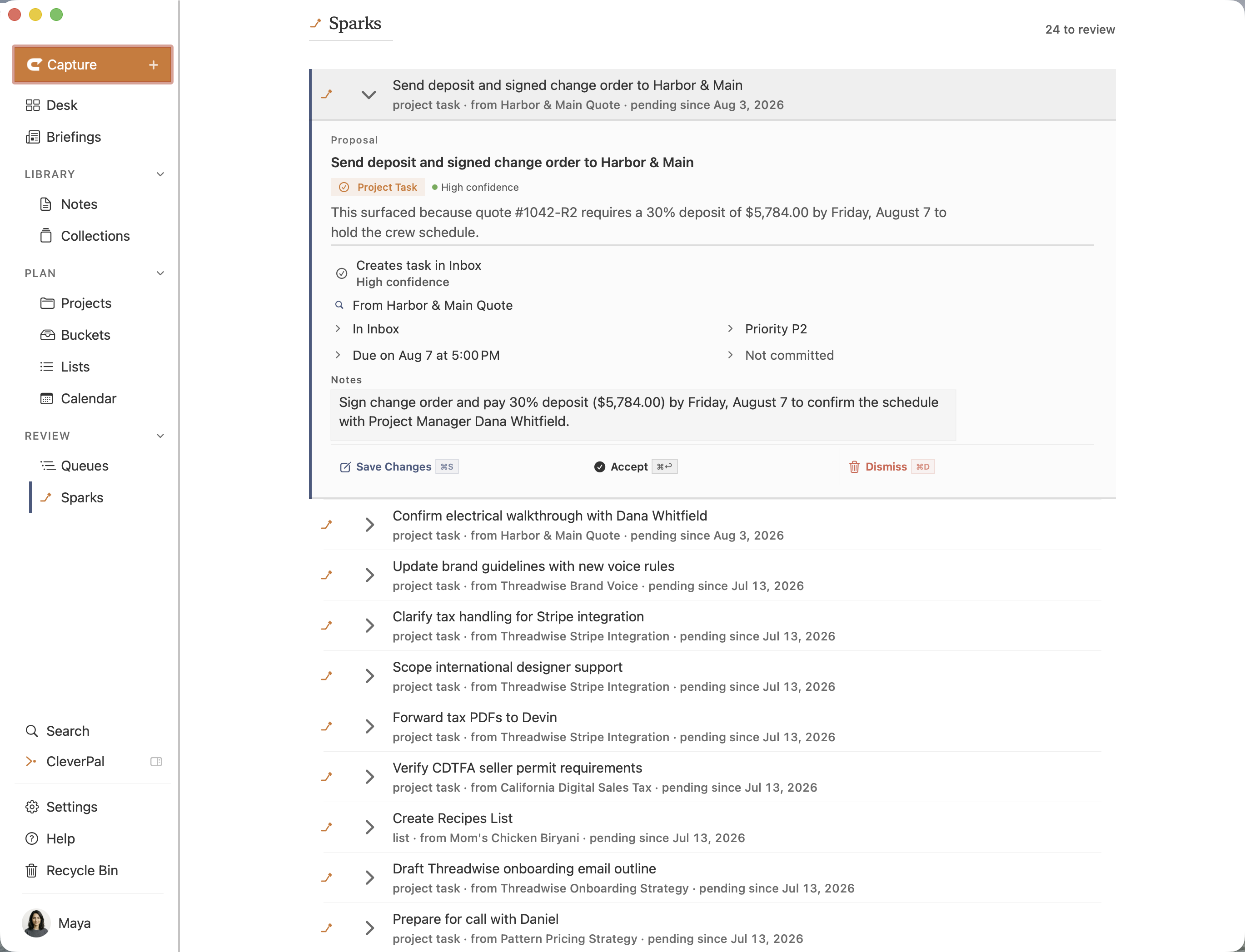 A Spark in Clevernotes proposing a next step from a contractor quote, ready to accept or dismiss