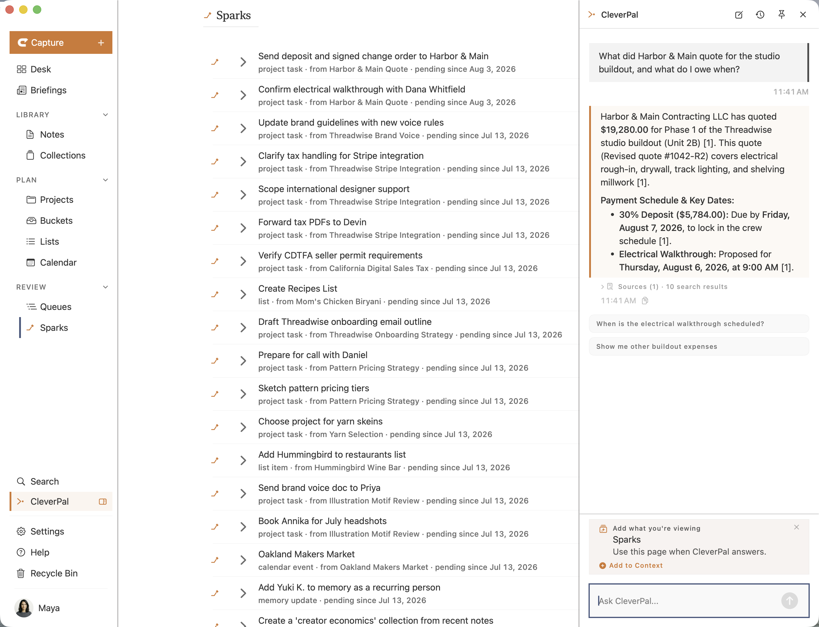CleverPal answering with the payment schedule from a captured quote and a link to the source