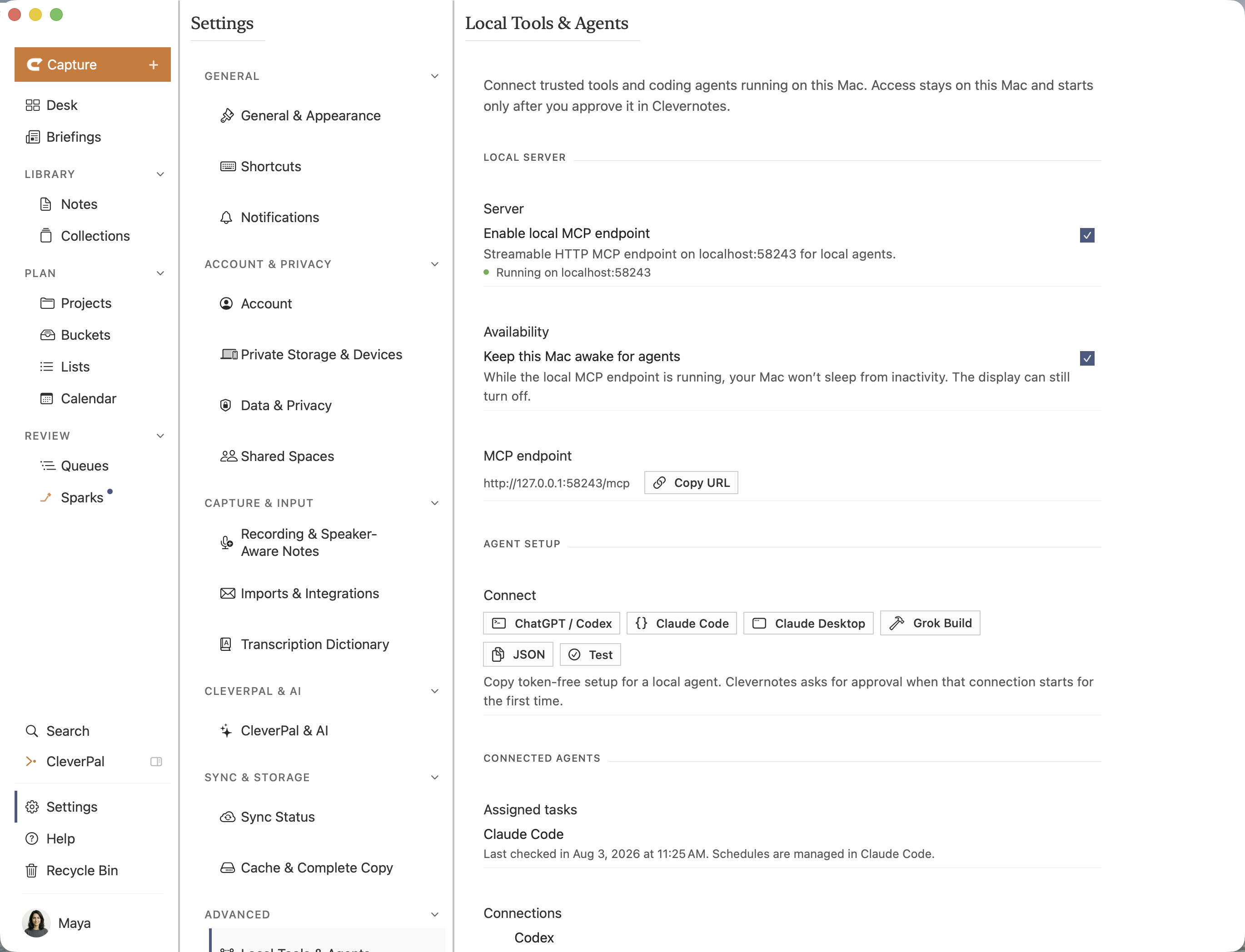 Clevernotes Local Tools and Agents settings showing the local MCP endpoint running and Claude Code connected